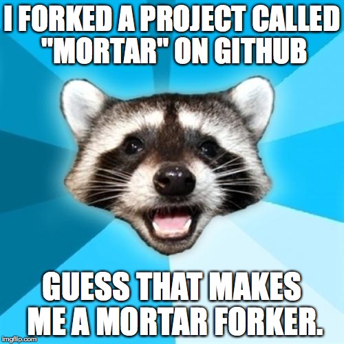 Git the Mortar Forker | I FORKED A PROJECT CALLED "MORTAR" ON GITHUB GUESS THAT MAKES ME A MORTAR FORKER. | image tagged in memes,lame pun coon | made w/ Imgflip meme maker