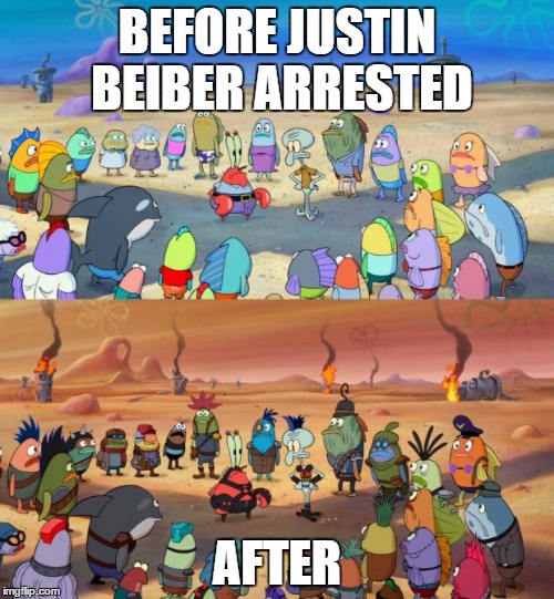 SpongeBob Apocalypse | BEFORE JUSTIN BEIBER ARRESTED AFTER | image tagged in spongebob apocalypse | made w/ Imgflip meme maker