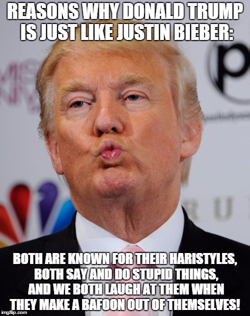 REASONS WHY DONALD TRUMP IS JUST LIKE JUSTIN BIEBER: BOTH ARE KNOWN FOR THEIR HARISTYLES, BOTH SAY AND DO STUPID THINGS, AND WE BOTH LAUGH A | image tagged in donald trump,justin bieber | made w/ Imgflip meme maker