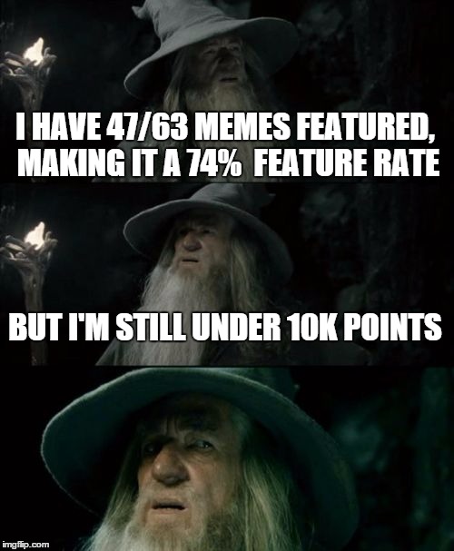 Confused Gandalf Meme | I HAVE 47/63 MEMES FEATURED, MAKING IT A 74%  FEATURE RATE BUT I'M STILL UNDER 10K POINTS | image tagged in memes,confused gandalf | made w/ Imgflip meme maker