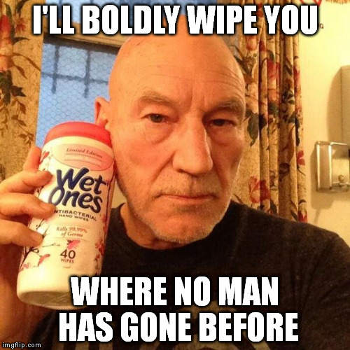 I'LL BOLDLY WIPE YOU WHERE NO MAN HAS GONE BEFORE | image tagged in patrick stewart | made w/ Imgflip meme maker