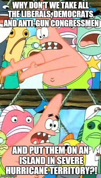 Put It Somewhere Else Patrick | WHY DON'T WE TAKE ALL THE LIBERALS, DEMOCRATS, AND ANTI-GUN CONGRESSMEN AND PUT THEM ON AN ISLAND IN SEVERE HURRICANE TERRITORY?! | image tagged in memes,put it somewhere else patrick | made w/ Imgflip meme maker