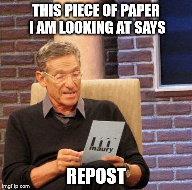Maury Lie Detector Meme | THIS PIECE OF PAPER I AM LOOKING AT SAYS REPOST | image tagged in memes,maury lie detector | made w/ Imgflip meme maker