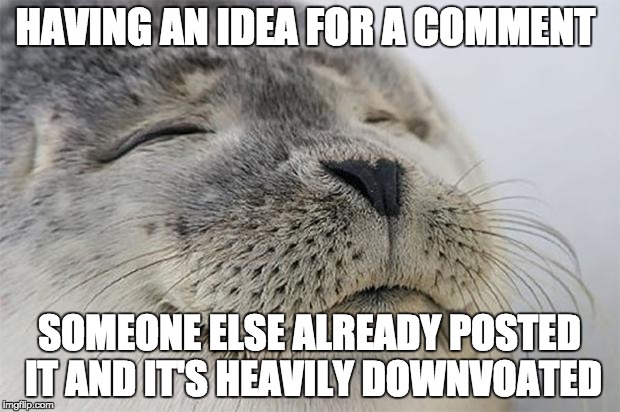 Satisfied Seal | HAVING AN IDEA FOR A COMMENT SOMEONE ELSE ALREADY POSTED IT AND IT'S HEAVILY DOWNVOATED | image tagged in memes,satisfied seal | made w/ Imgflip meme maker