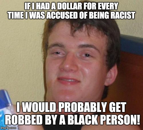 10 Guy Meme | IF I HAD A DOLLAR FOR EVERY TIME I WAS ACCUSED OF BEING RACIST I WOULD PROBABLY GET ROBBED BY A BLACK PERSON! | image tagged in memes,10 guy | made w/ Imgflip meme maker