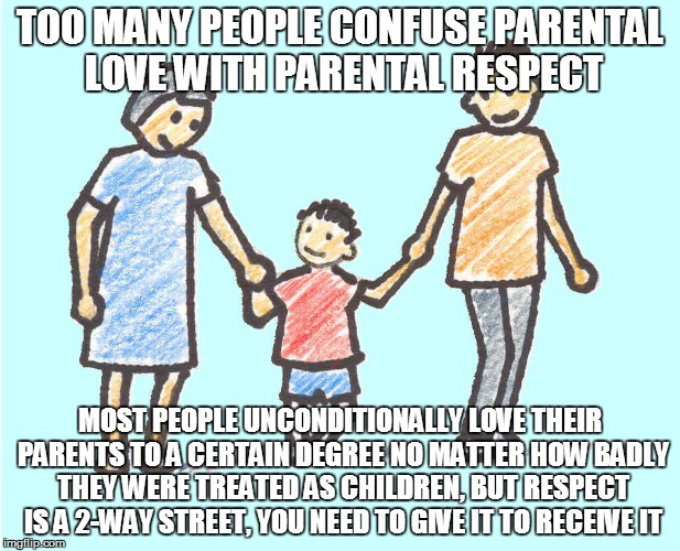 Parental Respect | TOO MANY PEOPLE CONFUSE PARENTAL LOVE WITH PARENTAL RESPECT MOST PEOPLE UNCONDITIONALLY LOVE THEIR PARENTS TO A CERTAIN DEGREE NO MATTER HOW | image tagged in parental respect,getting respect giving respect,scumbag parents,love,memes | made w/ Imgflip meme maker