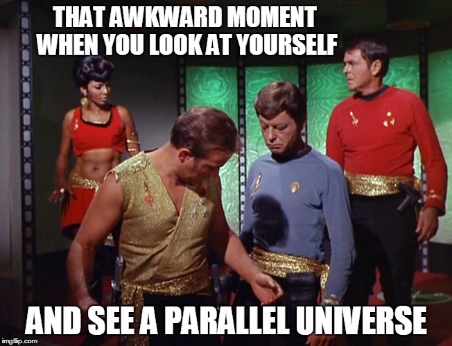 Terran empire universe | THAT AWKWARD MOMENT WHEN YOU LOOK AT YOURSELF AND SEE A PARALLEL UNIVERSE | image tagged in star trek,memes | made w/ Imgflip meme maker