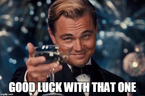 Leonardo Dicaprio Cheers Meme | GOOD LUCK WITH THAT ONE | image tagged in memes,leonardo dicaprio cheers | made w/ Imgflip meme maker