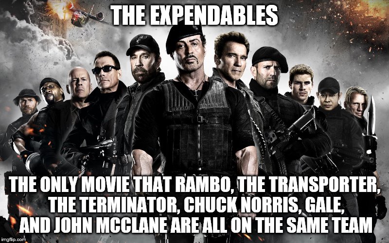Expendables | THE EXPENDABLES THE ONLY MOVIE THAT RAMBO, THE TRANSPORTER, THE TERMINATOR, CHUCK NORRIS, GALE, AND JOHN MCCLANE ARE ALL ON THE SAME TEAM | image tagged in expendables | made w/ Imgflip meme maker
