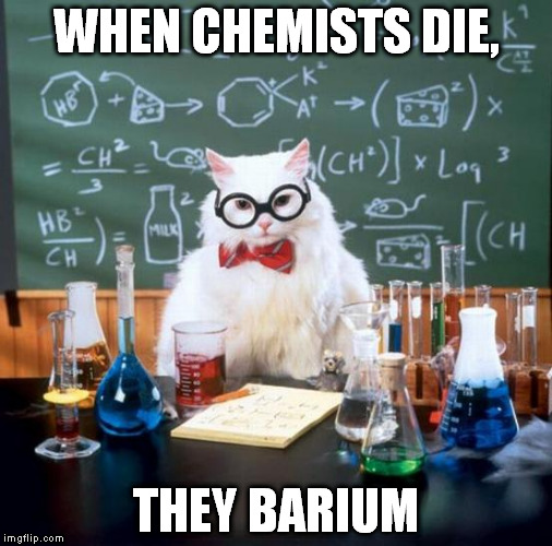Chemistry Cat Meme | WHEN CHEMISTS DIE, THEY BARIUM | image tagged in memes,chemistry cat | made w/ Imgflip meme maker