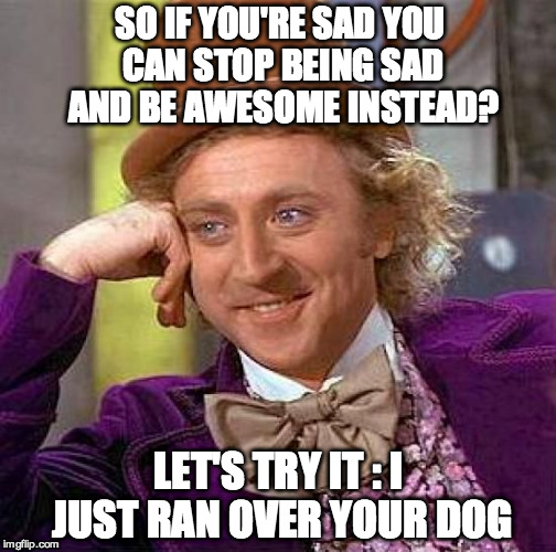 Creepy Condescending Wonka Meme | SO IF YOU'RE SAD YOU CAN STOP BEING SAD AND BE AWESOME INSTEAD? LET'S TRY IT : I JUST RAN OVER YOUR DOG | image tagged in memes,creepy condescending wonka | made w/ Imgflip meme maker