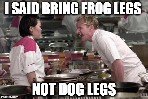 Angry Chef Gordon Ramsay | I SAID BRING FROG LEGS NOT DOG LEGS | image tagged in memes,angry chef gordon ramsay | made w/ Imgflip meme maker