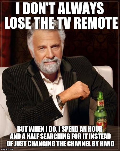 The Most Interesting Man In The World Meme | I DON'T ALWAYS LOSE THE TV REMOTE BUT WHEN I DO, I SPEND AN HOUR AND A HALF SEARCHING FOR IT INSTEAD OF JUST CHANGING THE CHANNEL BY HAND | image tagged in memes,the most interesting man in the world | made w/ Imgflip meme maker