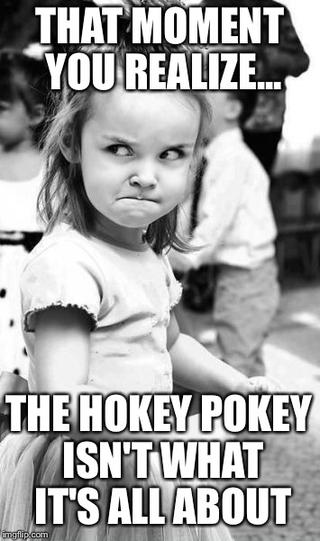 Angry Toddler | THAT MOMENT YOU REALIZE... THE HOKEY POKEY ISN'T WHAT IT'S ALL ABOUT | image tagged in memes,angry toddler | made w/ Imgflip meme maker