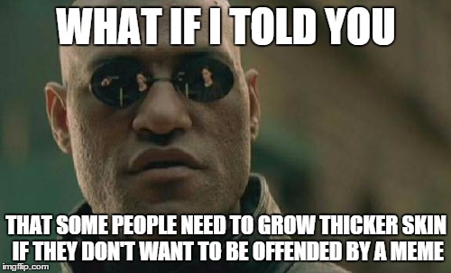 Matrix Morpheus Meme | WHAT IF I TOLD YOU THAT SOME PEOPLE NEED TO GROW THICKER SKIN IF THEY DON'T WANT TO BE OFFENDED BY A MEME | image tagged in memes,matrix morpheus | made w/ Imgflip meme maker