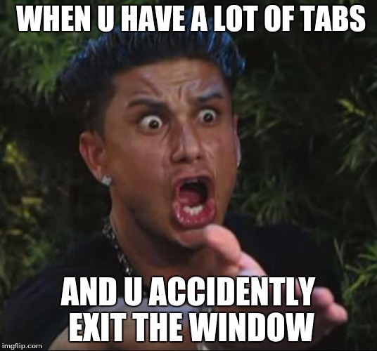 DJ Pauly D Meme | WHEN U HAVE A LOT OF TABS AND U ACCIDENTLY EXIT THE WINDOW | image tagged in memes,dj pauly d | made w/ Imgflip meme maker