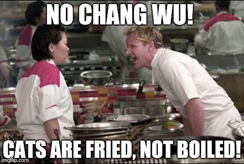 Angry Chef Gordon Ramsay | NO CHANG WU! CATS ARE FRIED, NOT BOILED! | image tagged in memes,angry chef gordon ramsay | made w/ Imgflip meme maker