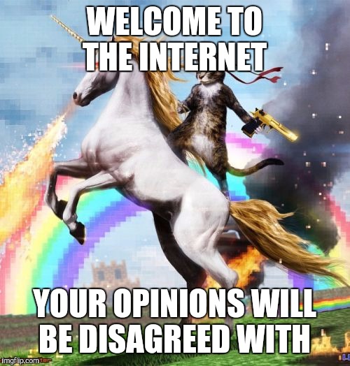 WELCOME TO THE INTERNET YOUR OPINIONS WILL BE DISAGREED WITH | made w/ Imgflip meme maker