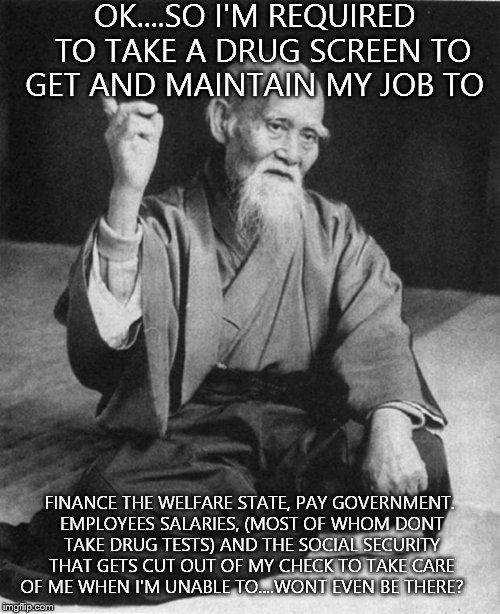 Wise Master | OK....SO I'M REQUIRED  TO TAKE A DRUG SCREEN TO GET AND MAINTAIN MY JOB TO FINANCE THE WELFARE STATE, PAY GOVERNMENT. EMPLOYEES SALARIES, (M | image tagged in wise master | made w/ Imgflip meme maker