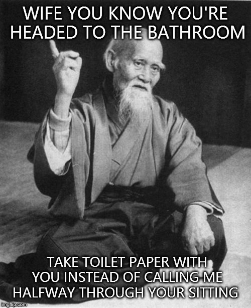 Wise Master | WIFE YOU KNOW YOU'RE HEADED TO THE BATHROOM TAKE TOILET PAPER WITH YOU INSTEAD OF CALLING ME HALFWAY THROUGH YOUR SITTING | image tagged in wise master | made w/ Imgflip meme maker