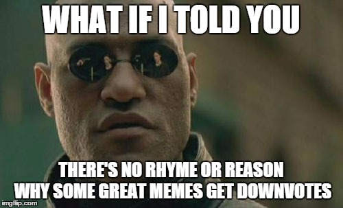 Matrix Morpheus Meme | WHAT IF I TOLD YOU THERE'S NO RHYME OR REASON WHY SOME GREAT MEMES GET DOWNVOTES | image tagged in memes,matrix morpheus | made w/ Imgflip meme maker