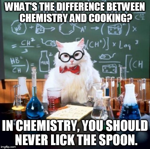 Chemistry Cat | WHAT'S THE DIFFERENCE BETWEEN CHEMISTRY AND COOKING? IN CHEMISTRY, YOU SHOULD NEVER LICK THE SPOON. | image tagged in memes,chemistry cat | made w/ Imgflip meme maker