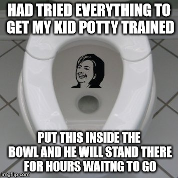 HAD TRIED EVERYTHING TO GET MY KID POTTY TRAINED PUT THIS INSIDE THE BOWL AND HE WILL STAND THERE FOR HOURS WAITNG TO GO | image tagged in hillary clinton | made w/ Imgflip meme maker