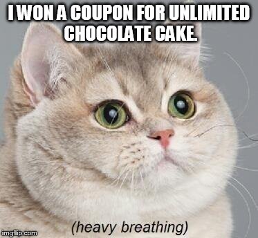 Heavy Breathing Cat | I WON A COUPON FOR UNLIMITED CHOCOLATE CAKE. | image tagged in memes,heavy breathing cat | made w/ Imgflip meme maker