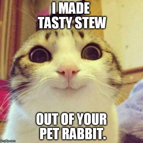 Smiling Cat Meme | I MADE TASTY STEW OUT OF YOUR PET RABBIT. | image tagged in memes,smiling cat | made w/ Imgflip meme maker