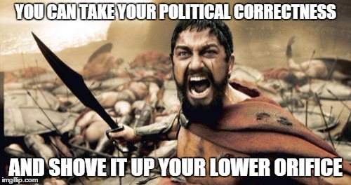 Sparta Leonidas | YOU CAN TAKE YOUR POLITICAL CORRECTNESS AND SHOVE IT UP YOUR LOWER ORIFICE | image tagged in memes,sparta leonidas | made w/ Imgflip meme maker
