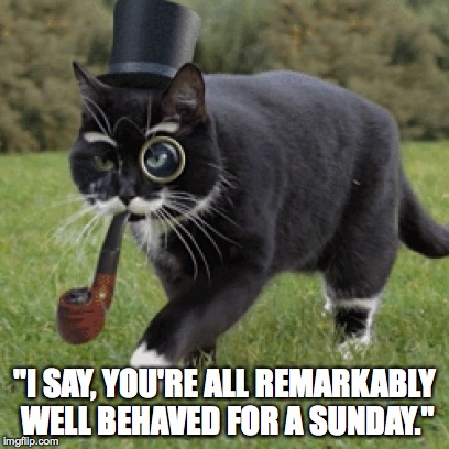 I say you're all remarkably well behaved for a sunday | "I SAY, YOU'RE ALL REMARKABLY WELL BEHAVED FOR A SUNDAY." | image tagged in cat,monocle cat,ritzy,pipe,sunday | made w/ Imgflip meme maker