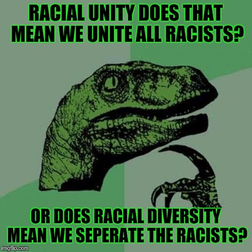 The one about the guy who could not see he was a nazi. | RACIAL UNITY DOES THAT MEAN WE UNITE ALL RACISTS? OR DOES RACIAL DIVERSITY MEAN WE SEPERATE THE RACISTS? | image tagged in memes,philosoraptor,racism | made w/ Imgflip meme maker