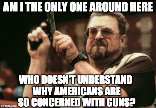 Am I The Only One Around Here | AM I THE ONLY ONE AROUND HERE WHO DOESN'T UNDERSTAND WHY AMERICANS ARE SO CONCERNED WITH GUNS? | image tagged in memes,am i the only one around here | made w/ Imgflip meme maker