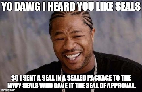 Yo Dawg Heard You | YO DAWG I HEARD YOU LIKE SEALS SO I SENT A SEAL IN A SEALED PACKAGE TO THE NAVY SEALS WHO GAVE IT THE SEAL OF APPROVAL. | image tagged in memes,yo dawg heard you | made w/ Imgflip meme maker