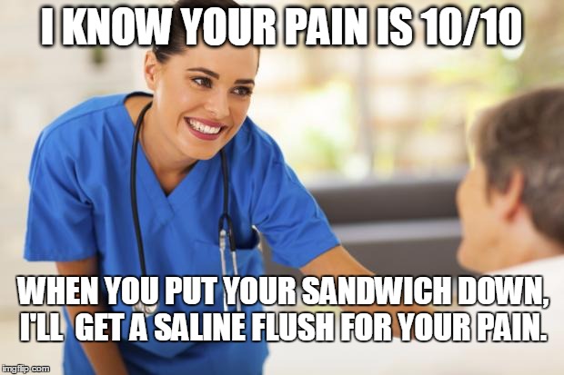 Nurse  | I KNOW YOUR PAIN IS 10/10 WHEN YOU PUT YOUR SANDWICH DOWN, I'LL  GET A SALINE FLUSH FOR YOUR PAIN. | image tagged in nurse | made w/ Imgflip meme maker