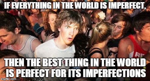 Sudden Clarity Clarence Meme | IF EVERYTHING IN THE WORLD IS IMPERFECT, THEN THE BEST THING IN THE WORLD IS PERFECT FOR ITS IMPERFECTIONS | image tagged in memes,sudden clarity clarence | made w/ Imgflip meme maker