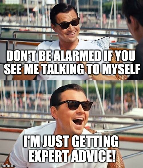 You are me! Who you? Yes me! | DON'T BE ALARMED IF YOU SEE ME TALKING TO MYSELF I'M JUST GETTING EXPERT ADVICE! | image tagged in memes,leonardo dicaprio wolf of wall street | made w/ Imgflip meme maker