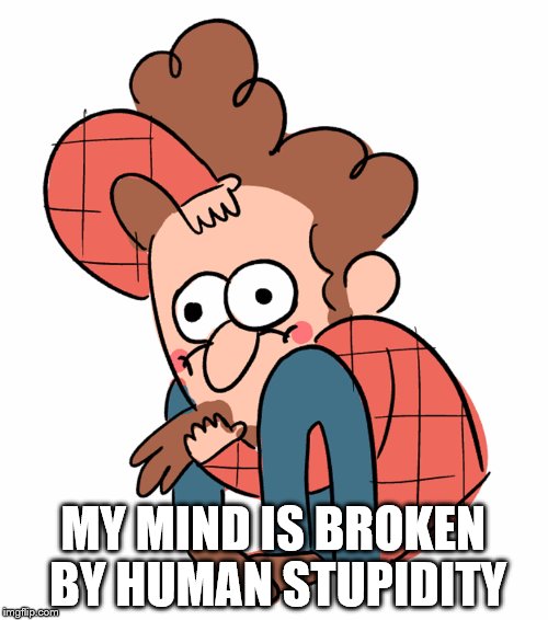 MY MIND IS BROKEN BY HUMAN STUPIDITY | image tagged in alex hirsch | made w/ Imgflip meme maker