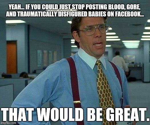 Were you enjoying that sandwich? My bad.

 | YEAH... IF YOU COULD JUST STOP POSTING BLOOD, GORE, AND TRAUMATICALLY DISFIGURED BABIES ON FACEBOOK... THAT WOULD BE GREAT. | image tagged in memes,that would be great,babies,gore,blood | made w/ Imgflip meme maker