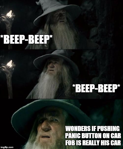 Confused Gandalf Meme | *BEEP-BEEP* *BEEP-BEEP* WONDERS IF PUSHING PANIC BUTTON ON CAR FOB IS REALLY HIS CAR | image tagged in memes,confused gandalf | made w/ Imgflip meme maker