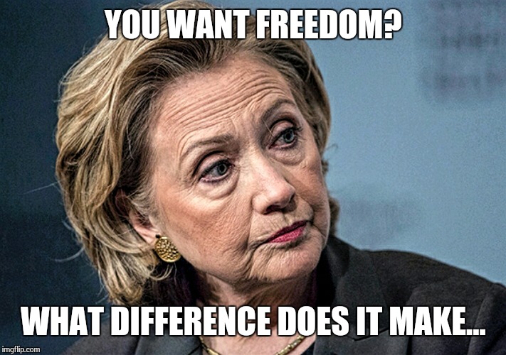 Hilary stare | YOU WANT FREEDOM? WHAT DIFFERENCE DOES IT MAKE... | image tagged in hilary stare | made w/ Imgflip meme maker