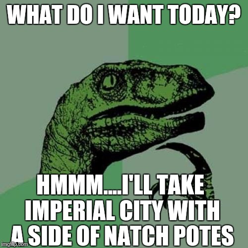 Philosoraptor Meme | WHAT DO I WANT TODAY? HMMM....I'LL TAKE IMPERIAL CITY WITH A SIDE OF NATCH POTES | image tagged in memes,philosoraptor | made w/ Imgflip meme maker