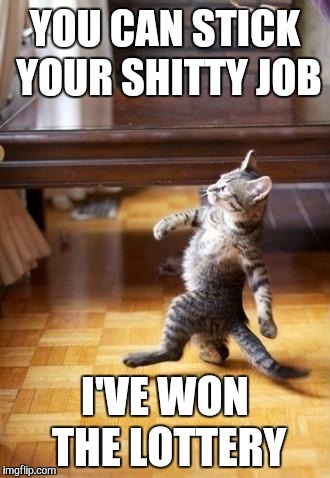 Cool Cat Stroll | YOU CAN STICK YOUR SHITTY JOB I'VE WON THE LOTTERY | image tagged in memes,cool cat stroll | made w/ Imgflip meme maker
