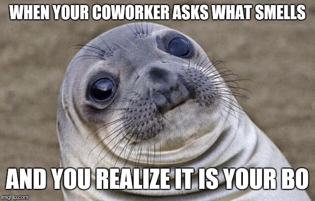Awkward Moment Sealion Meme | WHEN YOUR COWORKER ASKS WHAT SMELLS AND YOU REALIZE IT IS YOUR BO | image tagged in memes,awkward moment sealion,funny | made w/ Imgflip meme maker