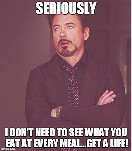 Face You Make Robert Downey Jr Meme | SERIOUSLY I DON'T NEED TO SEE WHAT YOU EAT AT EVERY MEAL...GET A LIFE! | image tagged in memes,face you make robert downey jr | made w/ Imgflip meme maker