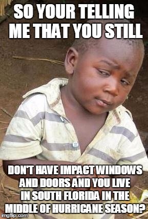 Skeptical African Kid, Solo | SO YOUR TELLING ME THAT YOU STILL DON'T HAVE IMPACT WINDOWS AND DOORS AND YOU LIVE IN SOUTH FLORIDA IN THE MIDDLE OF HURRICANE SEASON? | image tagged in skeptical african kid solo | made w/ Imgflip meme maker
