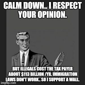 Kill Yourself Guy Meme | CALM DOWN.. I RESPECT YOUR OPINION. BUT ILLEGALS COST THE TAX PAYER ABOUT $113 BILLION /YR. IMMIGRATION LAWS DON'T WORK.. SO I SUPPORT A WAL | image tagged in memes,kill yourself guy | made w/ Imgflip meme maker