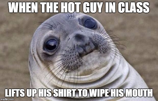 Awkward Moment Sealion | WHEN THE HOT GUY IN CLASS LIFTS UP HIS SHIRT TO WIPE HIS MOUTH | image tagged in memes,awkward moment sealion | made w/ Imgflip meme maker