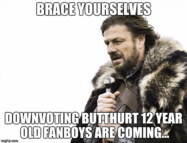 Brace Yourselves X is Coming Meme | BRACE YOURSELVES DOWNVOTING BUTTHURT 12 YEAR OLD FANBOYS ARE COMING... | image tagged in memes,brace yourselves x is coming | made w/ Imgflip meme maker