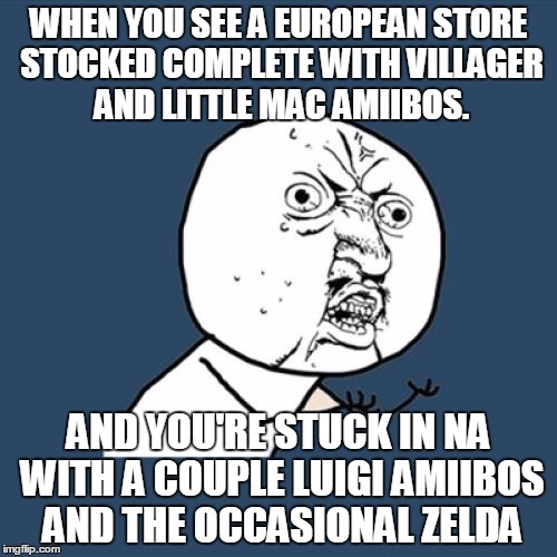 Y U No Meme | WHEN YOU SEE A EUROPEAN STORE STOCKED COMPLETE WITH VILLAGER AND LITTLE MAC AMIIBOS. AND YOU'RE STUCK IN NA WITH A COUPLE LUIGI AMIIBOS AND  | image tagged in memes,y u no | made w/ Imgflip meme maker